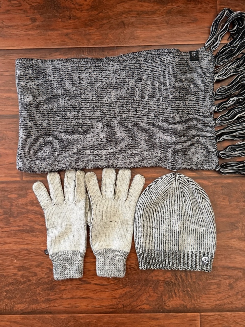 Cheap Monday Men's Grey & Cream Knit Scarf, Beanie and Gloves Set